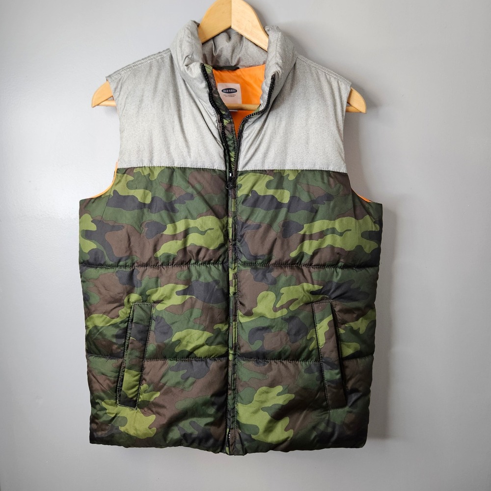 Old Navy Kids XL 14-16 Green Camo Puffer Vest Gray Colorblock Full Zip 819885-05